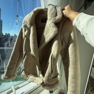 Tan Abercrombie & Fitch Moto Suede & Shearling Jacket